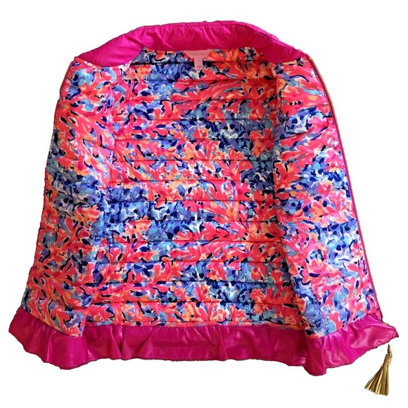 Lilly Pulitzer Cora Down Puffer Vest Womens Size S Pink Ruffle Tassel Zip Pull - Picture 9 of 14